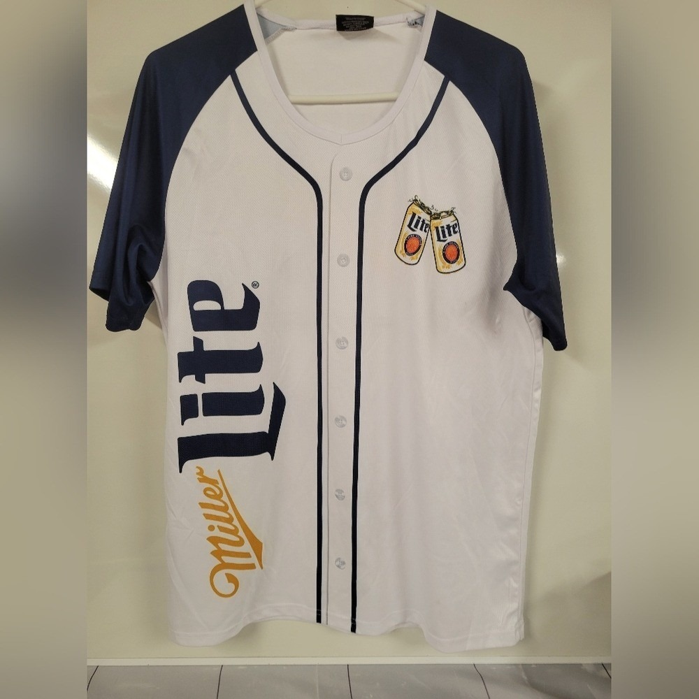 Miller Lite Baseball Shirt Jersey White and Blue Lightweight Large Loose